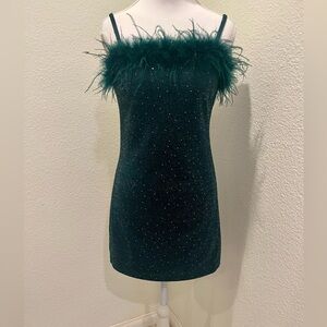 Evolutionary Stunning Sparkle Feather Trim Strapless Mini Dress - Green- NEW